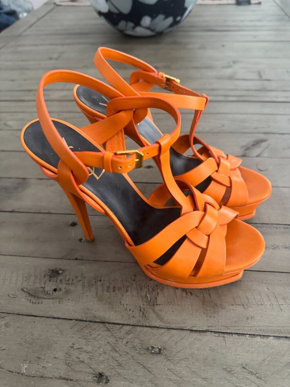 YSL Saint Laurent Paris Orange Leather Tribute Platform Sandals Heels Size 38.5 - Picture 4 of 8